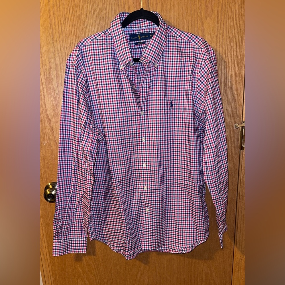 Ralph Lauren Men's XL Non-Iron Slim Fit Long Sleeve Gingham Pink Navy White